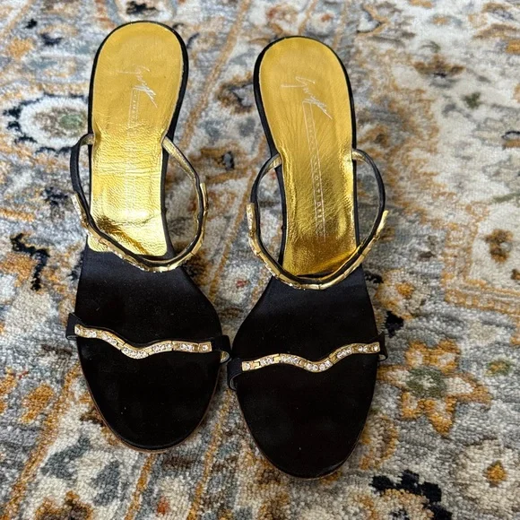 Giuseppe zanotti design Elegant Black and Gold diamond Women's strappy heels - Picture 1 of 6